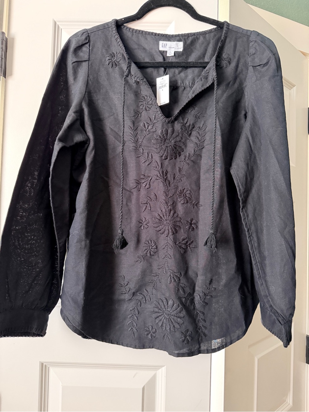 GAP Black Embroidered Peasant Blouse with Tassel Ties